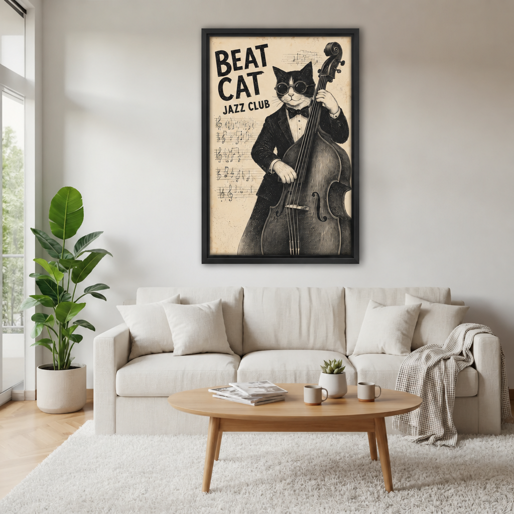 Framed vintage jazz cat wall art above a cream sofa with a wooden coffee table and leafy plant.