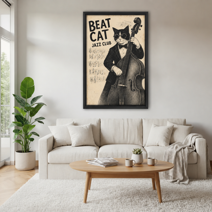 Framed vintage jazz cat wall art above a cream sofa with a wooden coffee table and leafy plant.