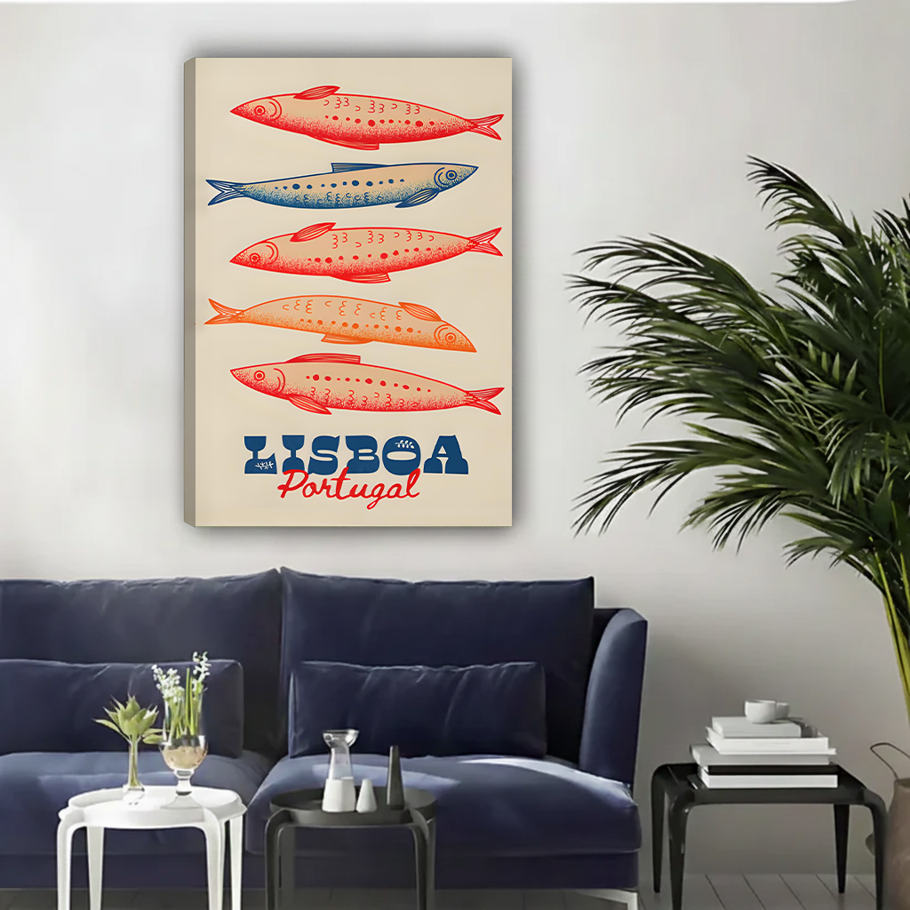 Unframed vintage Lisboa Portugal sardine gallery-wrap canvas print with cream background hung above a navy sofa in a contemporary living room