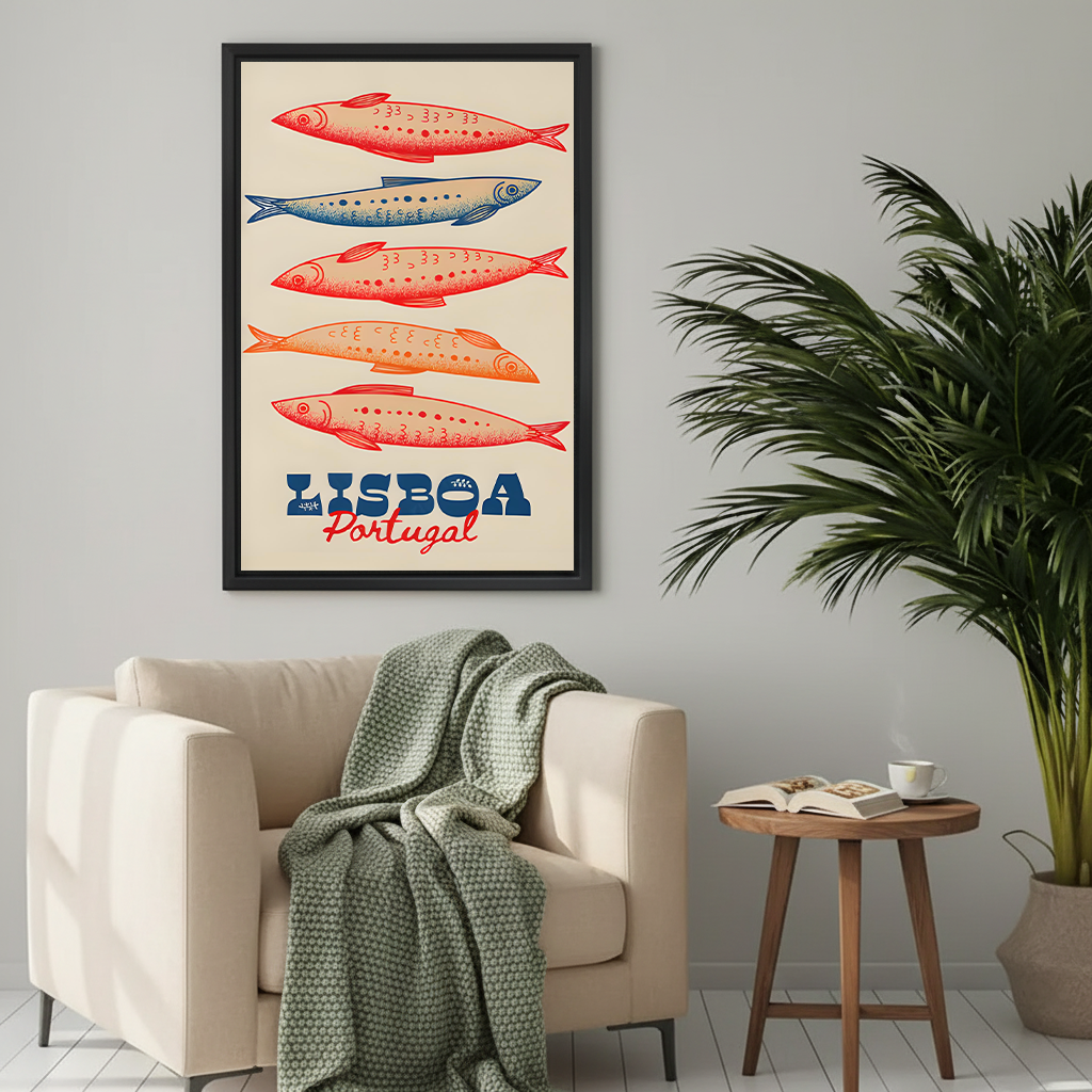 Vintage Lisboa Portugal sardine framed canvas print on a light grey wall above a cream armchair with a green knit throw in a cosy living room