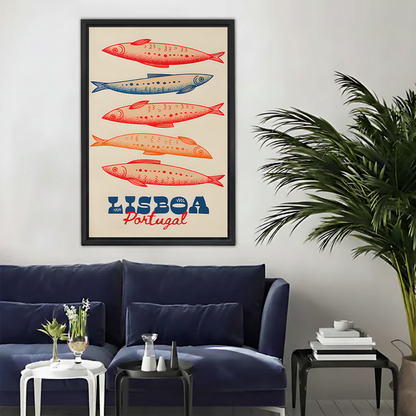Vintage Lisboa Portugal sardine canvas wall art in black float frame displayed above a navy blue sofa in a modern living room