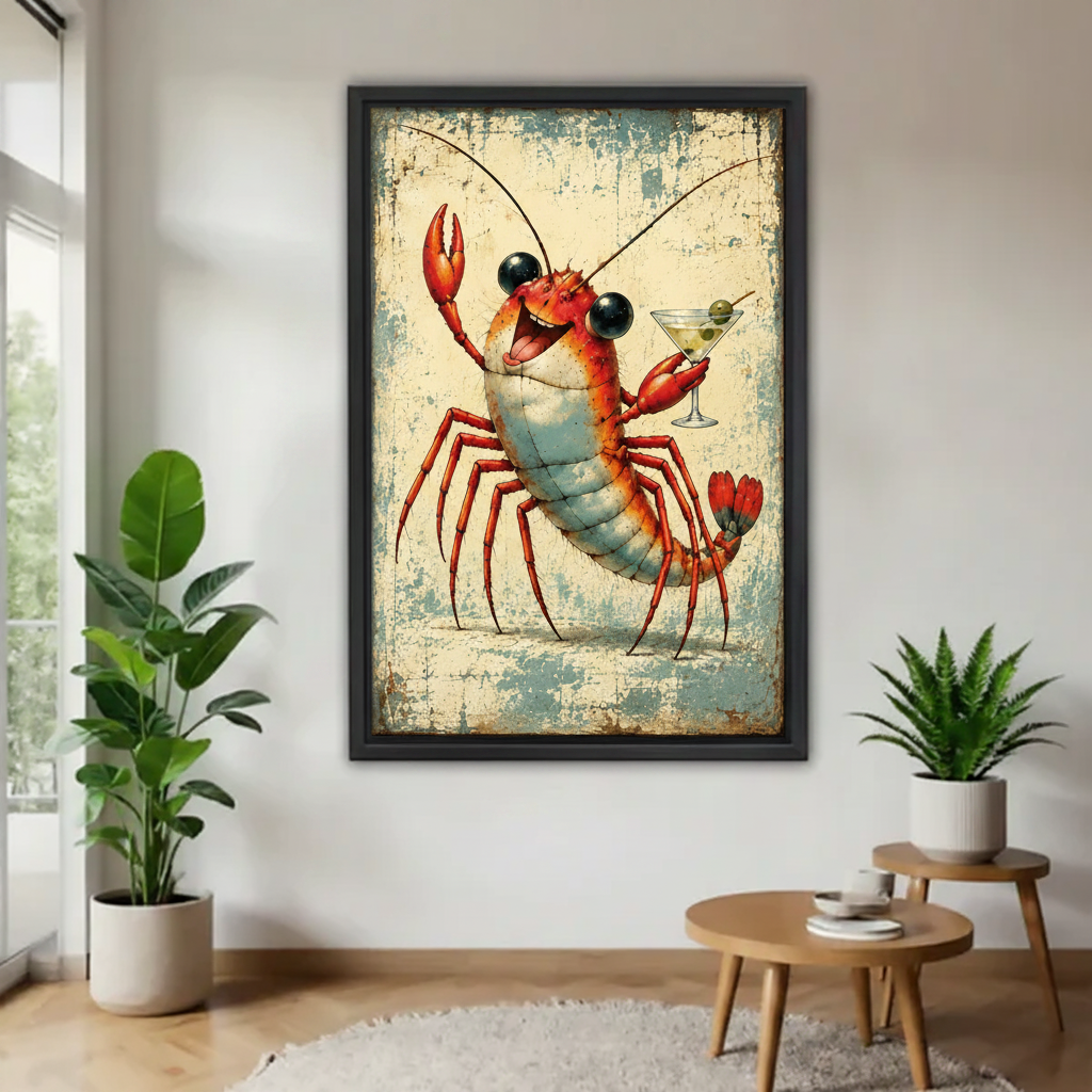 Vintage lobster cocktail canvas wall art in a black frame styled with plants and a round coffee table.