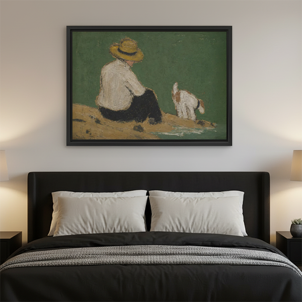 Vintage oil painting style framed art print of a boy and dog sitting by the water, displayed as bedroom wall decor above a dark upholstered bed

