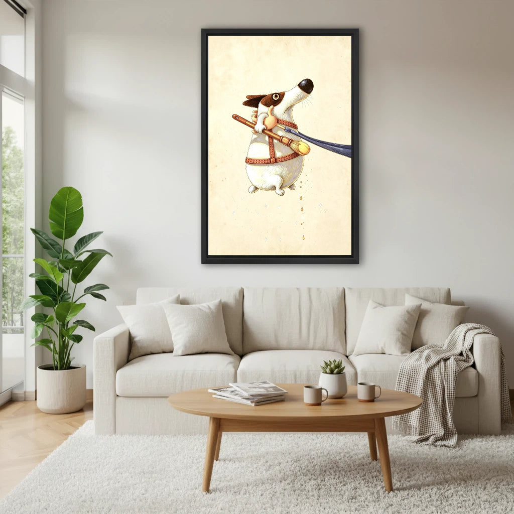 Funny painter dog framed canvas wall art above cream sofa in bright Scandinavian living room with coffee table