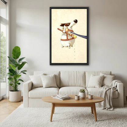 Funny painter dog framed canvas wall art above cream sofa in bright Scandinavian living room with coffee table
