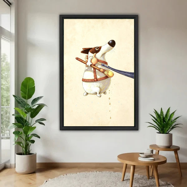 Vintage painter dog Jack Russell framed canvas wall art on white wall between two potted plants and side table