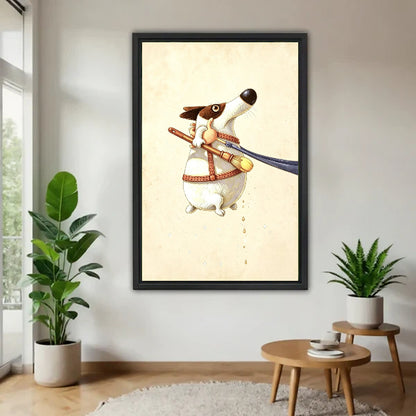 Vintage painter dog Jack Russell framed canvas wall art on white wall between two potted plants and side table