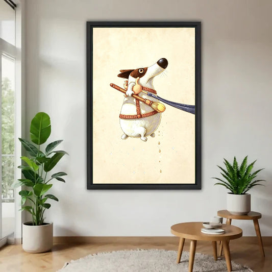 Vintage painter dog Jack Russell framed canvas wall art on white wall between two potted plants and side table