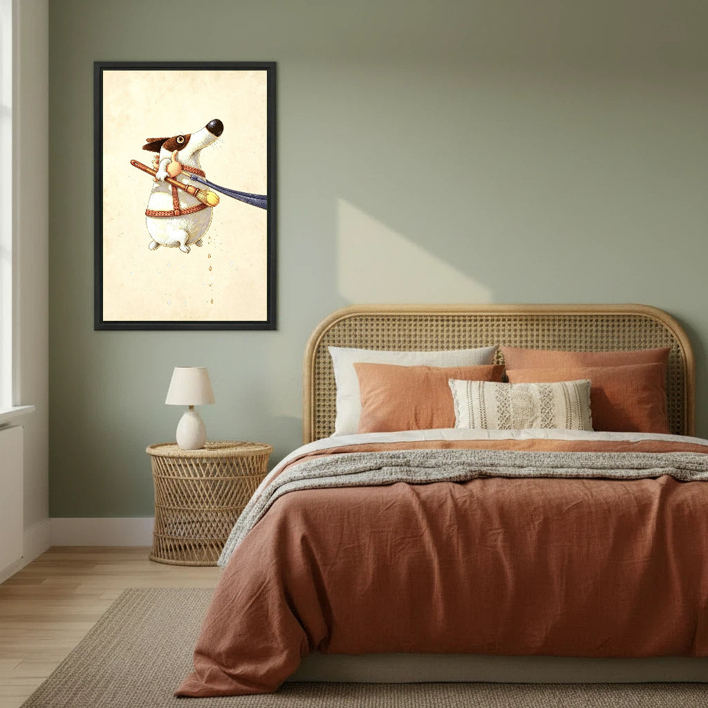 Vintage painter Jack Russell canvas wall art on sage green bedroom wall above rattan bed with terracotta bedding