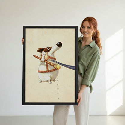 Woman holding framed vintage painter dog Jack Russell canvas wall art showing size reference in white studio