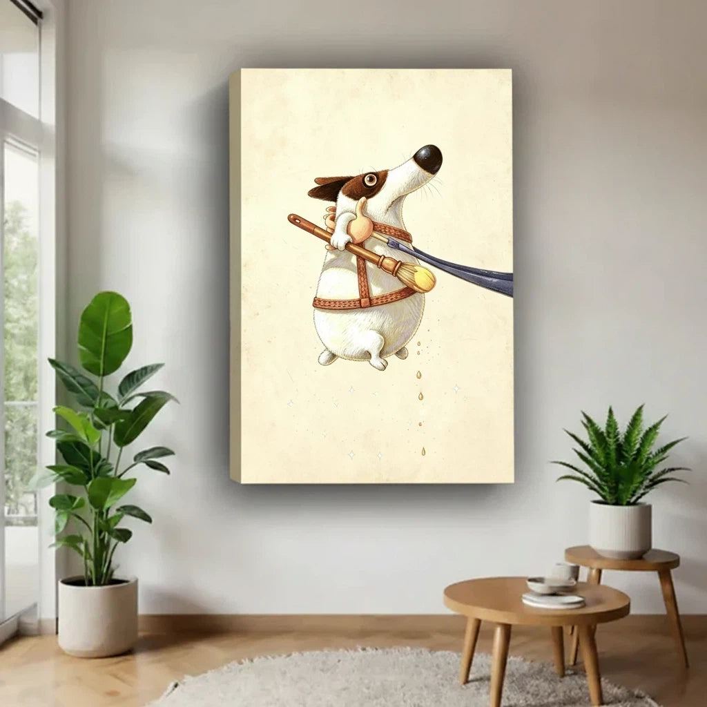 Gallery wrap painter dog canvas art displayed frameless on white wall flanked by tropical indoor plants