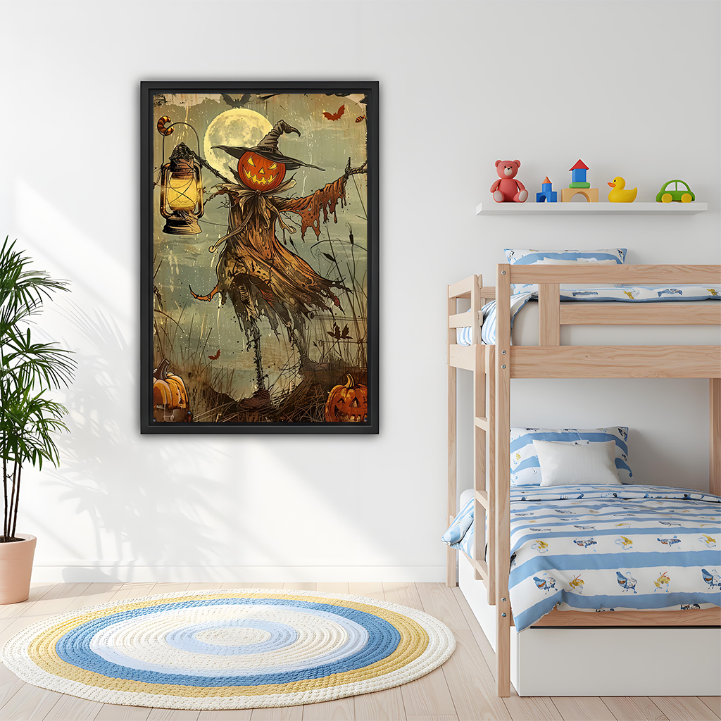 Framed pumpkin scarecrow canvas wall art with vintage Halloween details displayed above a light gray living room sofa.