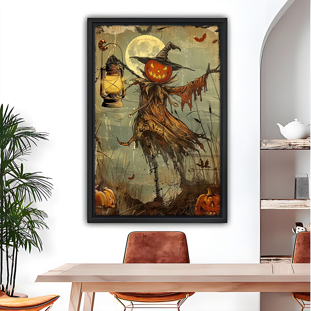 Vintage pumpkin scarecrow canvas wall art with a glowing lantern and full moon displayed above a dining table.