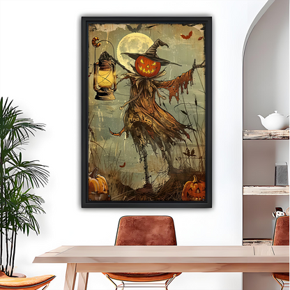 Vintage pumpkin scarecrow canvas wall art with a glowing lantern and full moon displayed above a dining table.