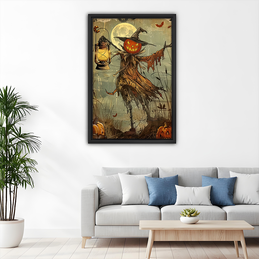 Black-framed pumpkin scarecrow canvas wall art featuring a golden moon and glowing lantern above a dining table.