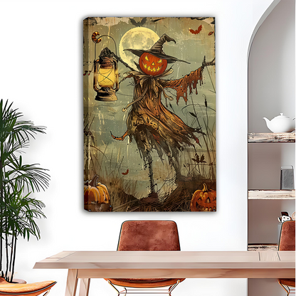 Woman holding black-framed pumpkin scarecrow canvas wall art featuring a witch hat, glowing lantern, and moonlit backdrop.