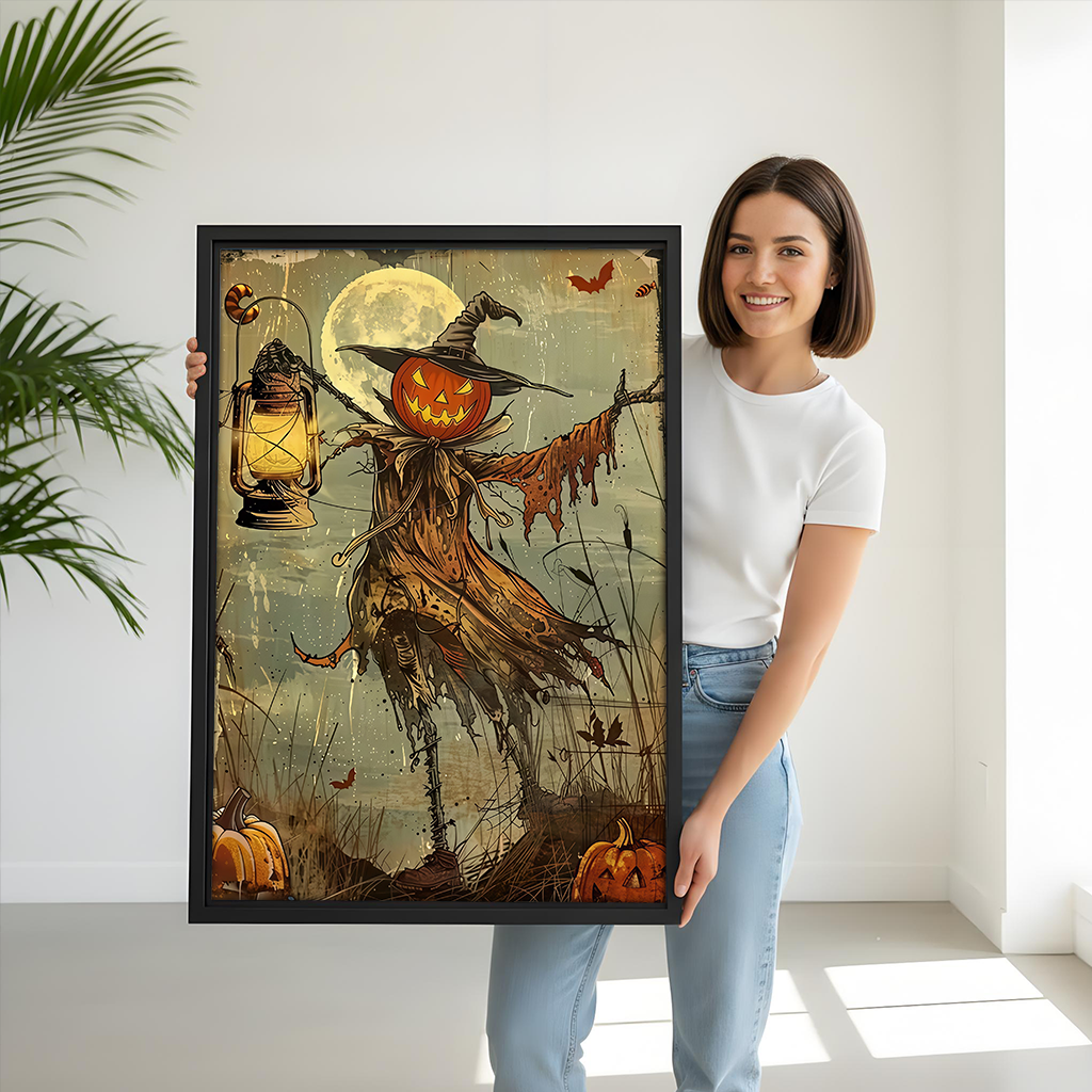 Black-framed vintage pumpkin scarecrow canvas wall art displayed beside wooden bunk beds in a bright bedroom.