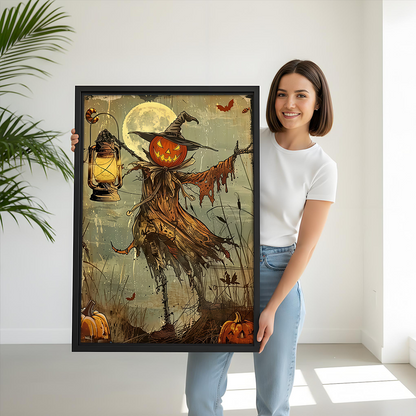 Black-framed vintage pumpkin scarecrow canvas wall art displayed beside wooden bunk beds in a bright bedroom.