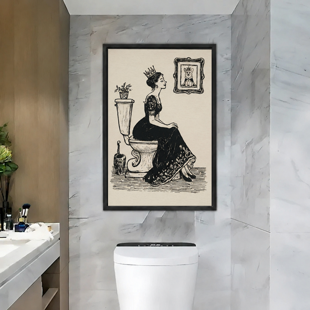 Vintage queen on toilet canvas wall art in a black frame above a white toilet in a marble bathroom.