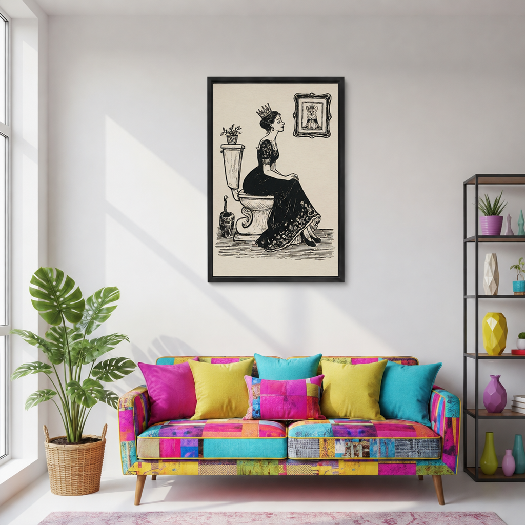Black-framed vintage queen on toilet canvas wall art above a colorful sofa beside a large leafy plant.