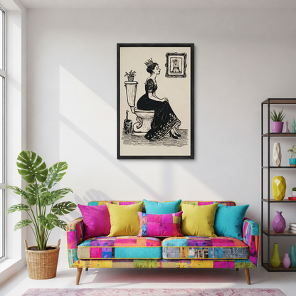 Black-framed vintage queen on toilet canvas wall art above a colorful sofa beside a large leafy plant.