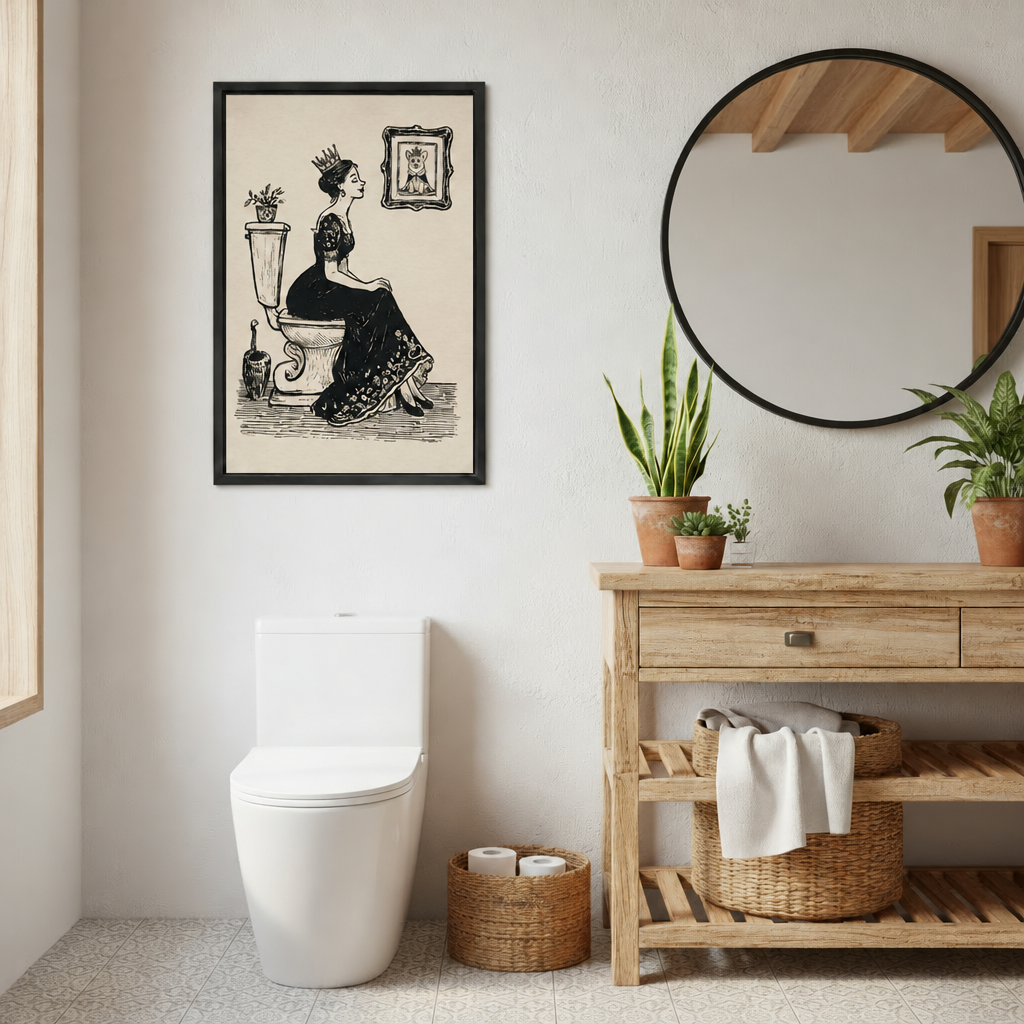 Framed vintage queen on toilet canvas wall art beside a round mirror and wooden bathroom vanity with potted plants.