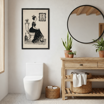 Framed vintage queen on toilet canvas wall art beside a round mirror and wooden bathroom vanity with potted plants.