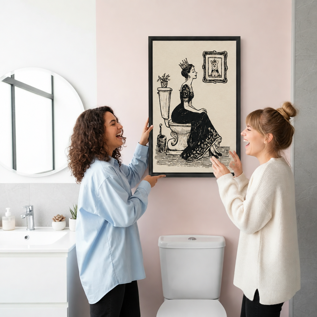 Two women displaying vintage queen on toilet canvas wall art in a black frame against a pink bathroom wall.