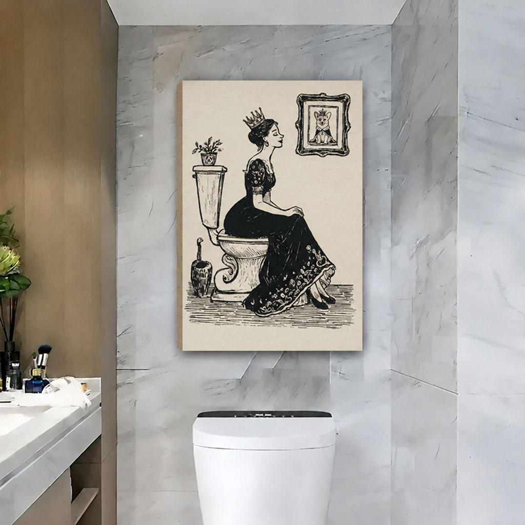 Unframed vintage queen on toilet canvas wall art displayed above a white toilet against gray marble bathroom walls.