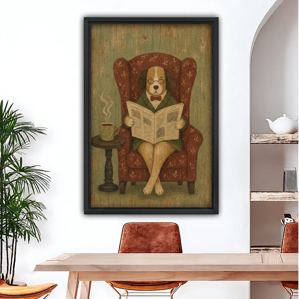 Black-framed vintage reading dog canvas wall art above a wooden dining table