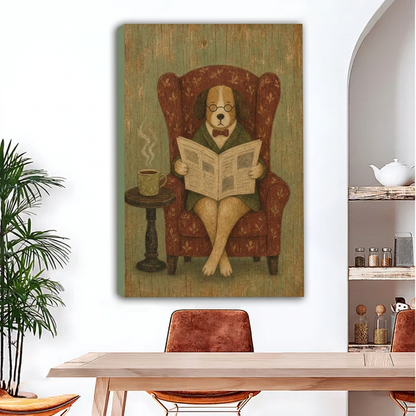 Gallery-wrap vintage reading dog canvas wall art with visible left-edge depth above a dining table