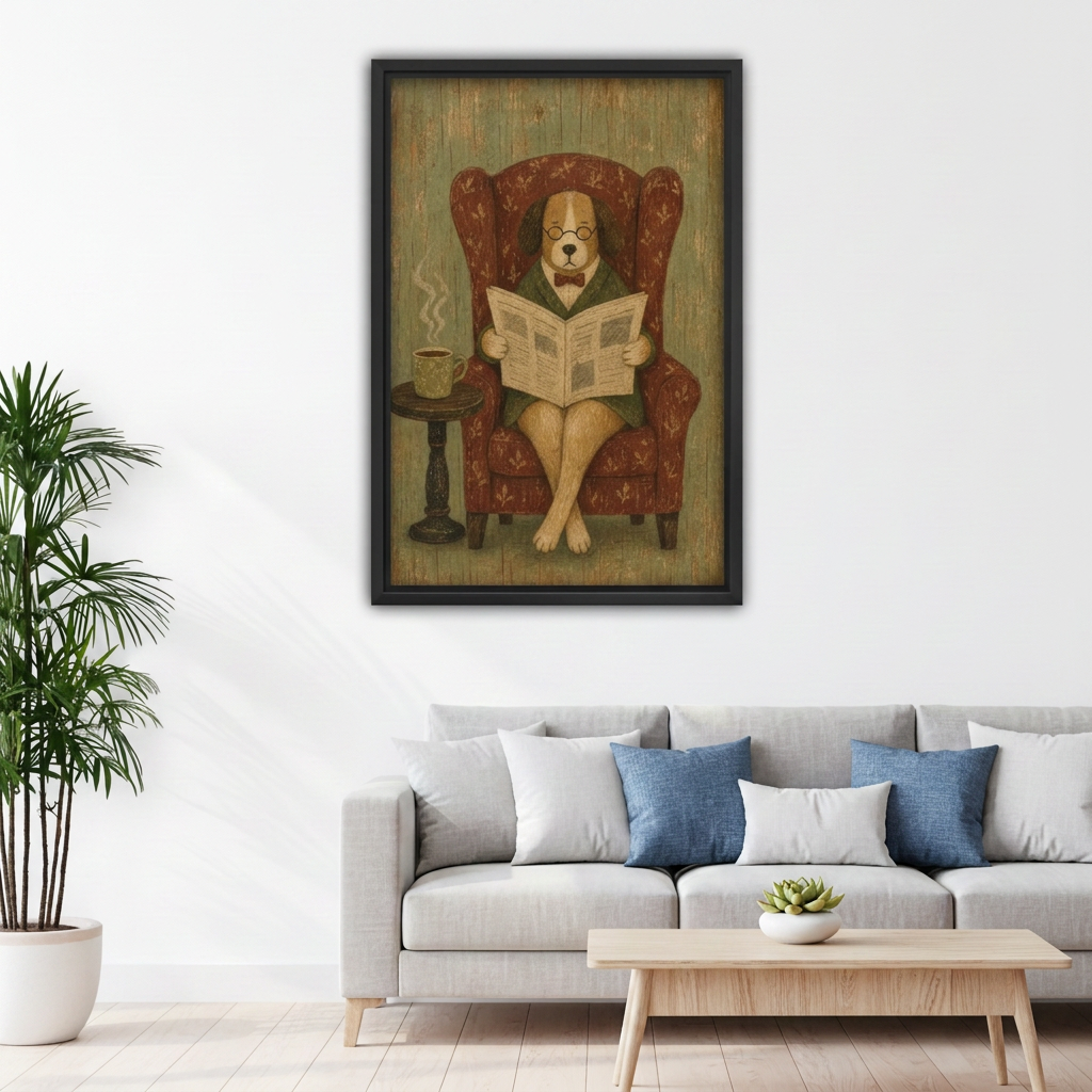 Vintage reading dog canvas wall art above a gray sofa with blue cushions
