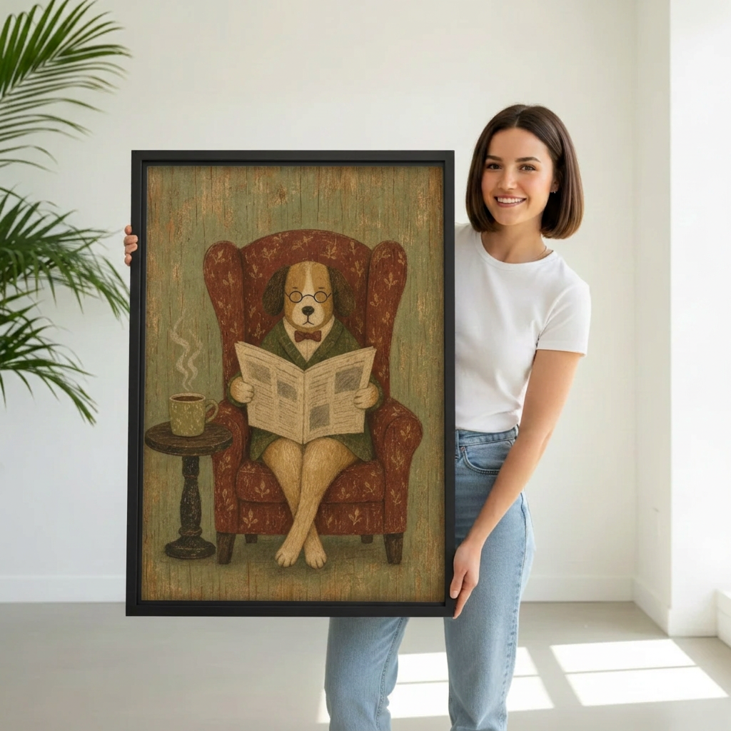 Model holding framed vintage reading dog canvas wall art for size reference