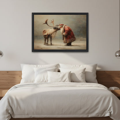Framed vintage Santa and reindeer canvas wall art above a white bed with a wooden headboard