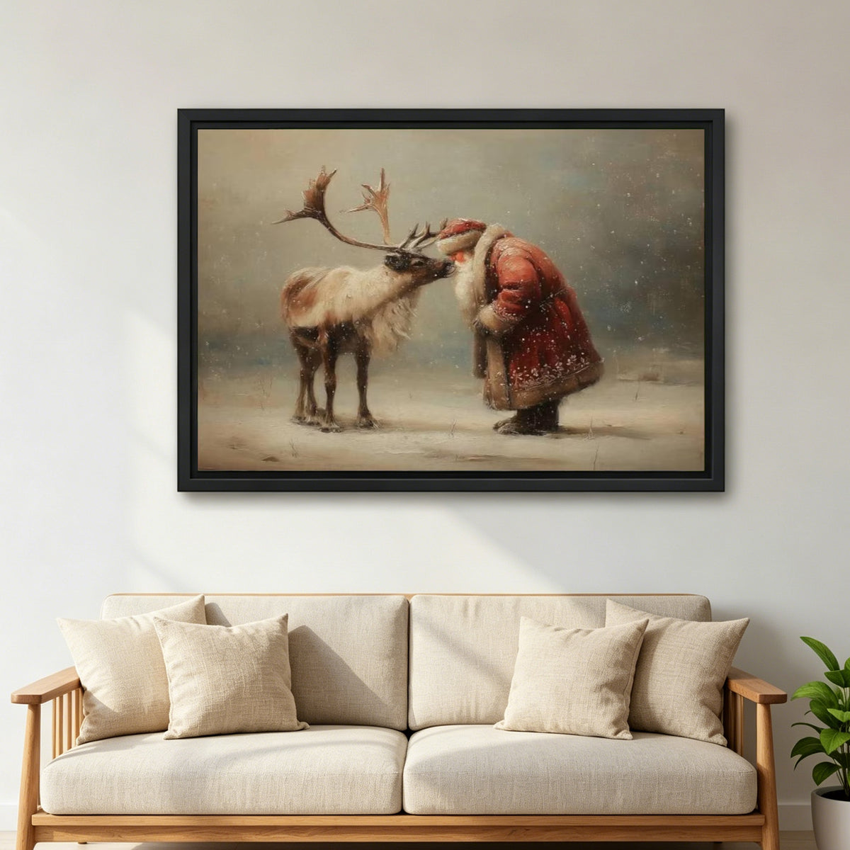 Large framed vintage Santa and reindeer canvas wall art above a cream sofa in a bright living room