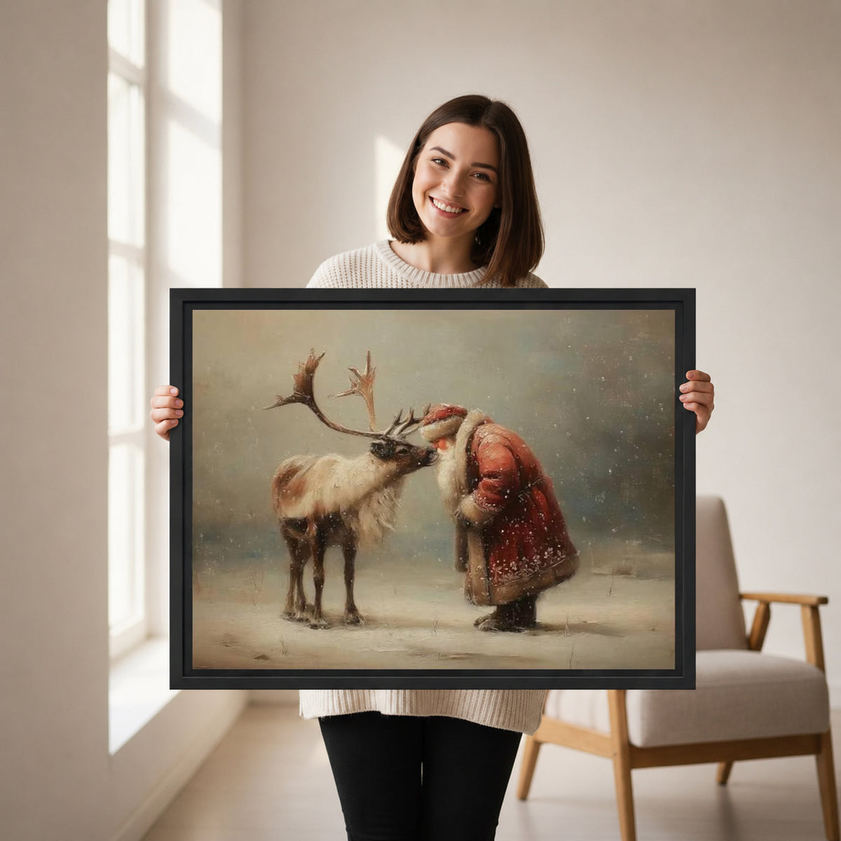 Woman holding framed vintage Santa and reindeer canvas wall art showing their gentle meeting in falling snow