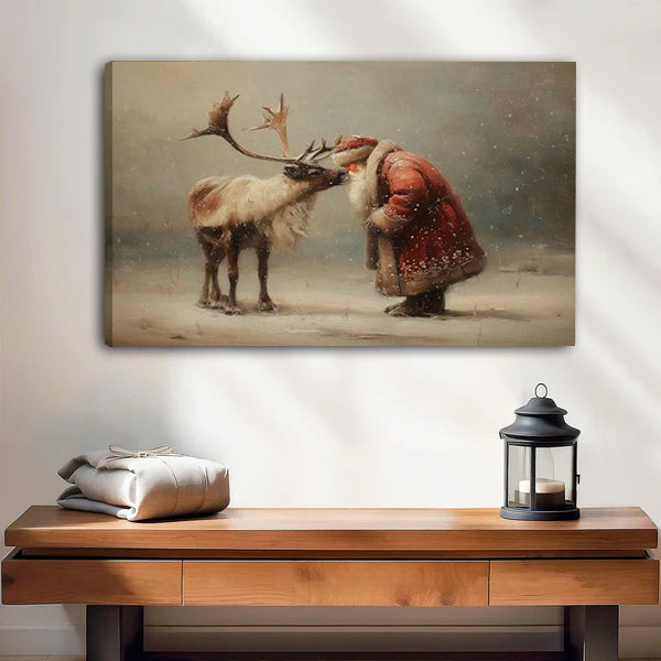 Gallery-wrap vintage Santa and reindeer canvas wall art with visible left canvas edge above a wooden bench
