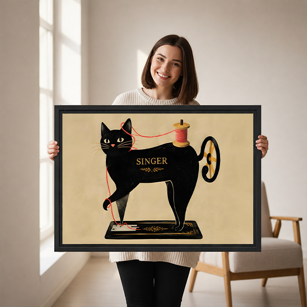 Vintage sewing cat canvas wall art displayed in a black frame above a neatly made bed.