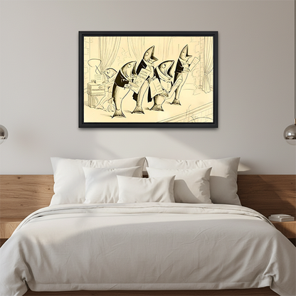 Black-framed vintage singing fish canvas wall art with whimsical musical characters displayed above a bed with white pillows.