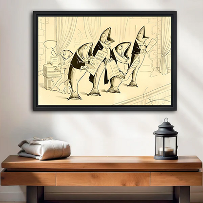 Black-framed vintage singing fish canvas wall art with a musical quartet displayed above a cream living room sofa.