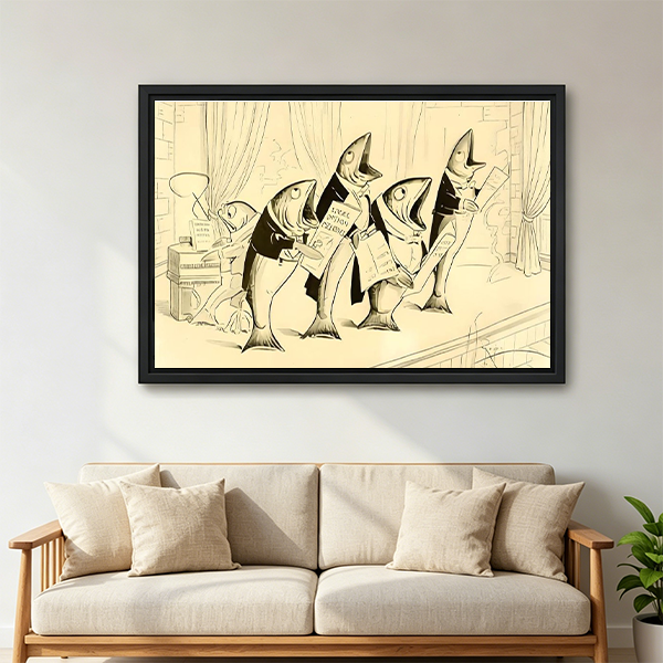 Gallery-wrap vintage singing fish canvas wall art displayed above a wooden console with folded linens and a lantern.