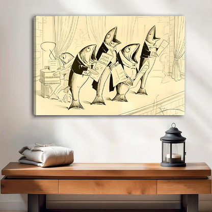 Framed vintage singing fish canvas wall art in cream and black above a wooden console beside a lantern.