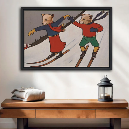 Black-framed vintage skiing animals canvas wall art above a wooden console beside folded fabric and a lantern.