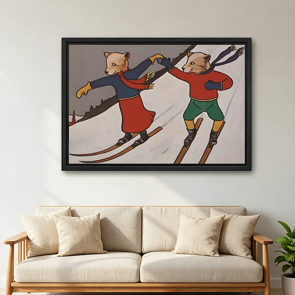 Vintage skiing animals canvas wall art in a black frame above a cream sofa with wooden arms.
