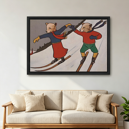 Vintage skiing animals canvas wall art in a black frame above a cream sofa with wooden arms.