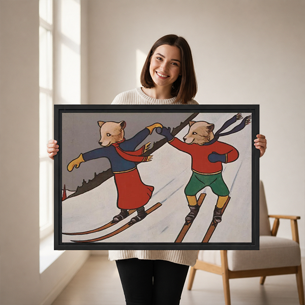 Gallery-wrap skiing animals canvas wall art displayed above a wooden console with folded fabric and a black lantern.