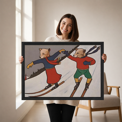 Gallery-wrap skiing animals canvas wall art displayed above a wooden console with folded fabric and a black lantern.