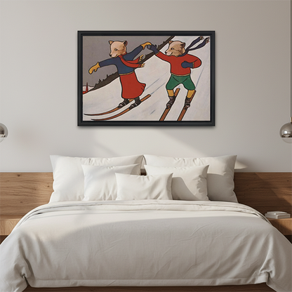 Framed skiing animals canvas wall art featuring colorful winter outfits above a bed with white pillows and bedding.