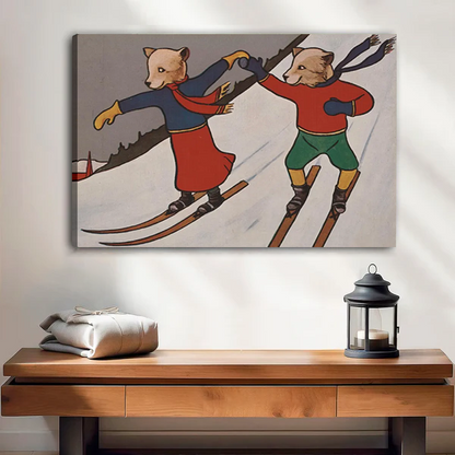 Woman holding framed vintage skiing animals canvas wall art featuring two animal skiers joining hands on snowy slopes.