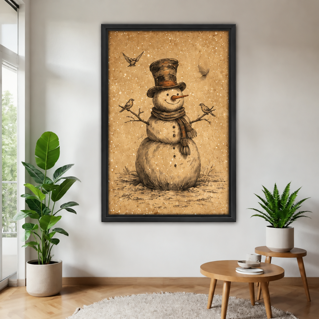 Vintage snowman and birds canvas wall art in a black frame beside leafy plants and wooden tables.